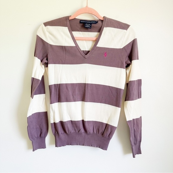 Ralph Lauren Sport Purple White Stripe V Neck Pullover Sweater sz Small - Picture 1 of 6